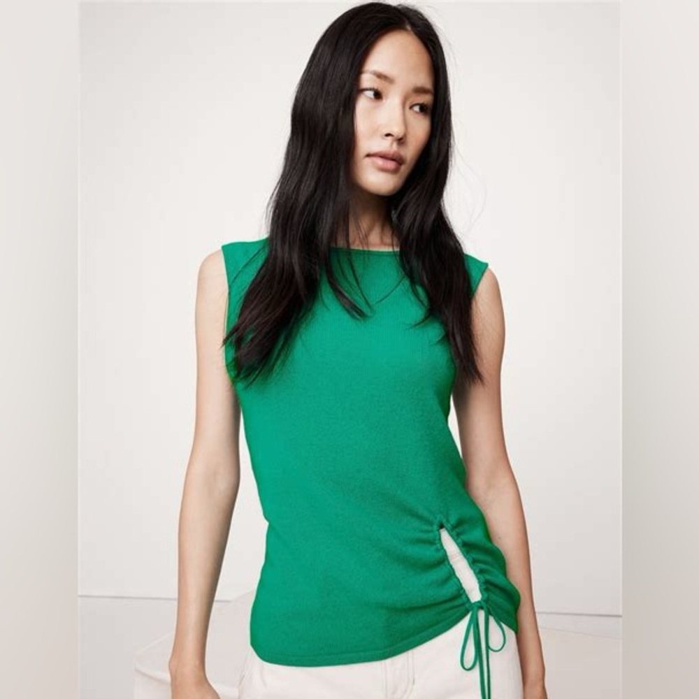 NWT 100% Cashmere Green Emerald Pool Lightweight Drawstring-Hem Tank Sz S
